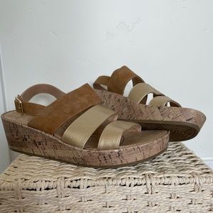 Gold and brown, 3 strap, sandal/wedge